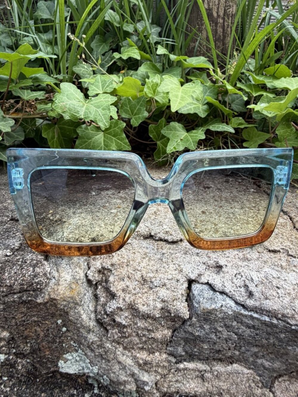 Oversized Square Gradient Sunglasses Blue Amber Ombre Retro Festival Sunnies - Picture 2 of 16
